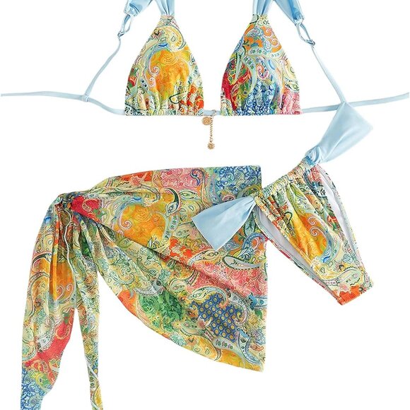 Other - Women's 3 Piece Bikini Set Tribal Print Boho Swimsuit Cover Up Skirt